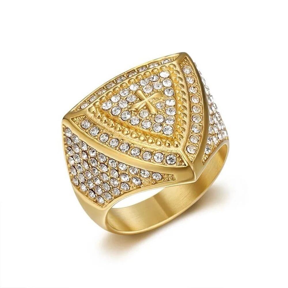 Men’s Gold Tone Cross Ring Iced CZ Rhinestone Christian Statement Ring Size 10